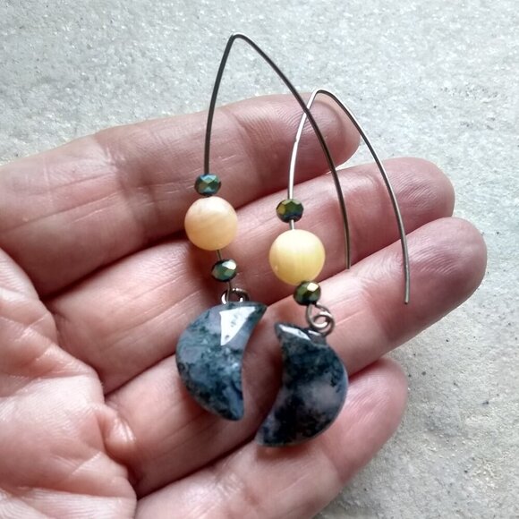 Dark Green Moss Agate Moons + Citrine Beads ~ Unique & Handmade Dangle Earrings - Picture 4 of 12